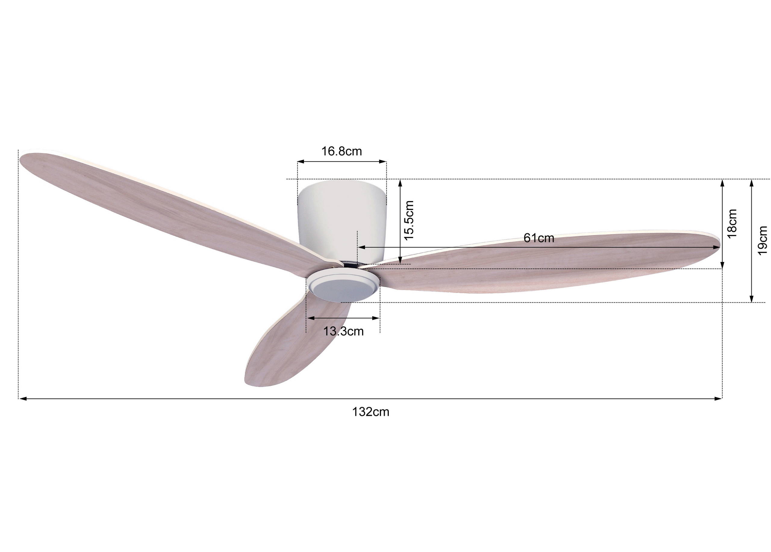 Radar Hugger DC-Deckenventilator Ø 132 cm, weiss / Hell-Eiche, ideal für niedrige Räume