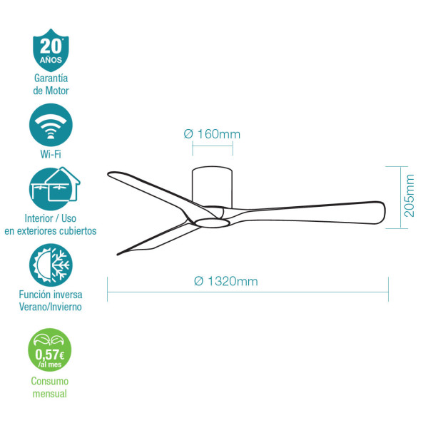 Ventilador de techo DC de 132 cm con WiFi y App Smart Life. Fresno Blanco – silencioso, eficiente y perfecto para techos bajos.